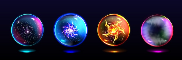 Magic spheres, crystal balls with lightning, energy burst, stars and mystical fog inside. realistic set of glass globes, glowing orbs for magician and fortune teller