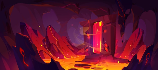 Free vector magic stone portal and lava inside volcano vector cartoon illustration of hot orange substance flowing between rocky walls burning magma around fantasy gate to hell adventure game level background