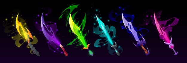 Free vector magic swords cartoon magical steel daggers sabers with colorful blades and haze knight warrior weapon ui design elements for computer game isolated wizard or elvish armor vector illustration set