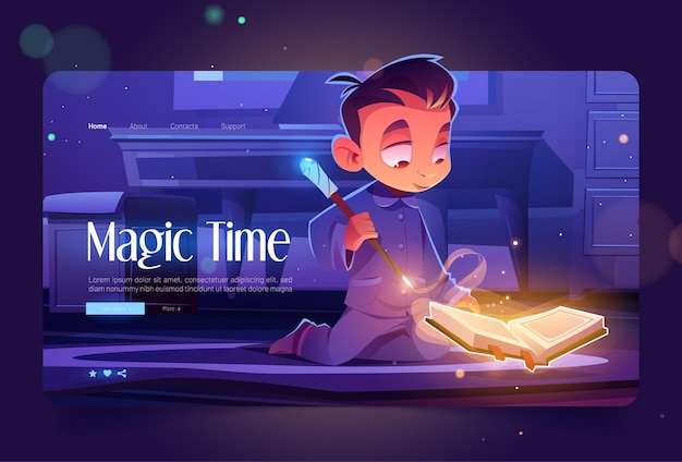 Free vector magic time cartoon landing page little wizard