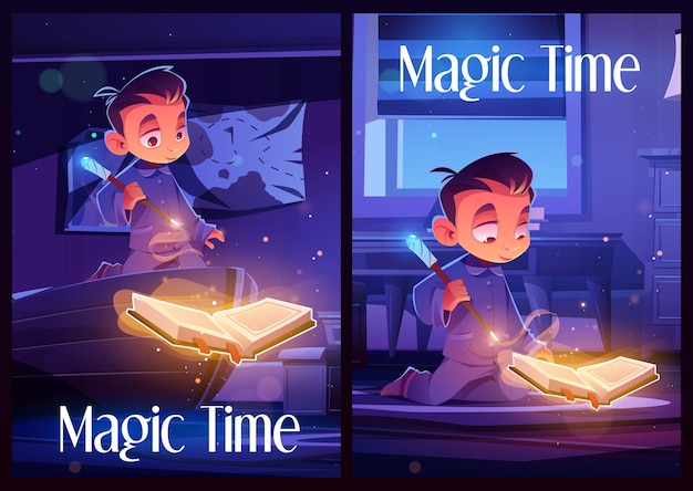 Magic time posters with boy reading spell book in bedroom at night. vector flyers with cartoon illustration of young wizard in pajamas with magic wand and witchcraft book