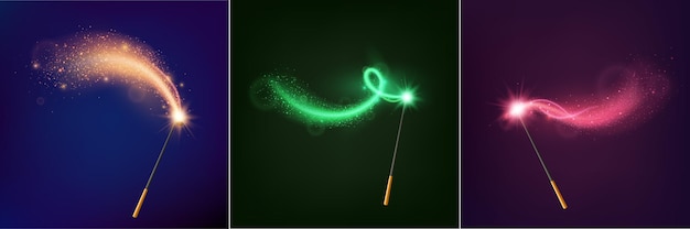 Magic wand realistic design concept consisting of three multicolored luminous wands on night sky illustrations
