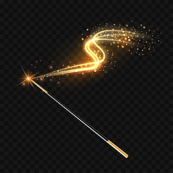 Волшебная палочка с волшебным следом золотого блеска на прозрачном фоне. векторная иллюстрация