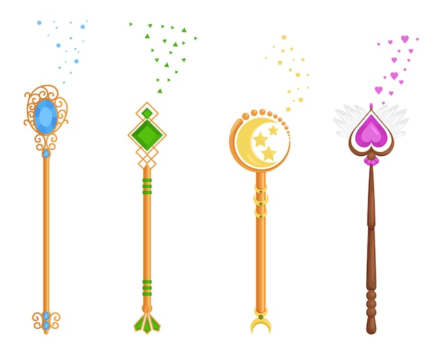 魔法の杖は 魔法の杖ベクトルイラストフラットデザインのさまざまなウィザードを設定します プレミアムベクター