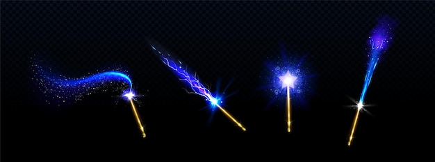 Free vector magic wands with blue star and glowing sparkle trails