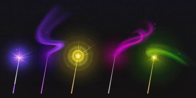 Magic wands with colourful stars and sparkle trails