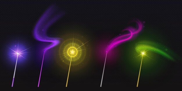 Magic wands with colourful stars and sparkle trails