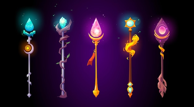 Free vector magic wands wizard staves fantasy game weapon