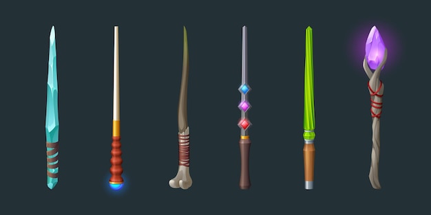 魔法の杖、魔法のトリックや呪文のためのクリスタルが付いた木の棒。暗い背景に分離された奇跡とエンチャントを作成するためのウィザードロッドのベクトル漫画セット
