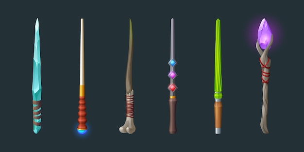 Magic wands, wooden sticks with crystals for magical tricks and spell. Vector cartoon set of wizard rods for create miracles and enchantment isolated on dark background