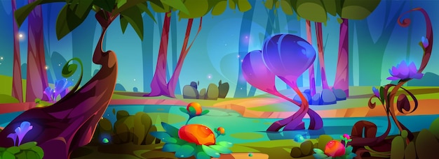 Magical fantasy forest with bright glowing fancy plants and shapes in cartoon vector illustration dreamlike world with lake trees and flowers fantastic landscape for games or fairy tales