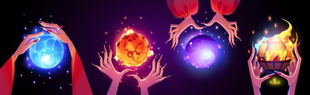 Vettore gratuito sfera luminosa magica per predire nelle mani femminili del mago o della strega cartomante illustrazione vettoriale del fumetto della sfera luminosa durante la stregoneria e la previsione del futuro sfera esoterica al neon