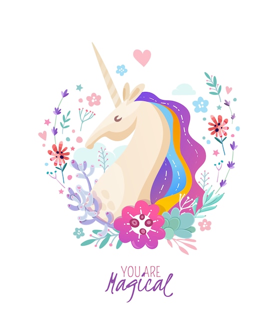 Vettore gratuito poster magico con ritratto di unicorno