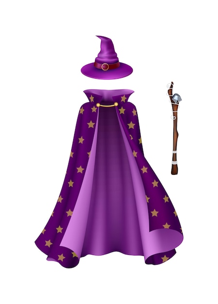 Бесплатное векторное изображение Волшебник одевает реалистичную композицию с костюмом волшебника на пустой векторной иллюстрации фона