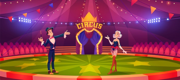 Magician with wand and woman on circus arena