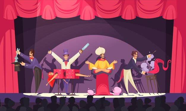 magicians and jinn performing on circus stage in front of audience cartoon