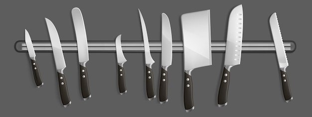 Magnetic holder with kitchen knives, chef cutting hatchets cooking cutlery realistic kitchenware. Cleaver, french, boning and filleting, carving steel choppers with black handle 3d vector illustration