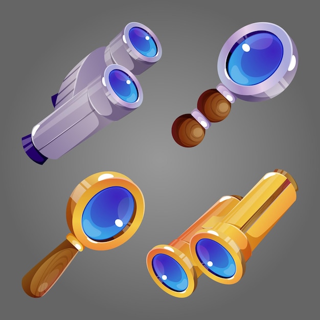 Magnifier glass and binocular cartoon vector set