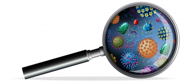 Magnifying glass with different types of virus on lens