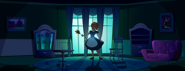 Free vector maid in apron in dark living room at night