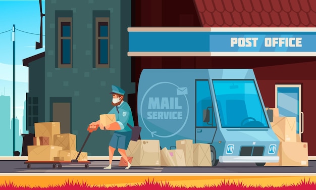 Mail service vehicle in front of post office entrance postman pulling cart illustration