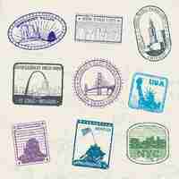 Free vector mail travel stamps with usa famous monuments