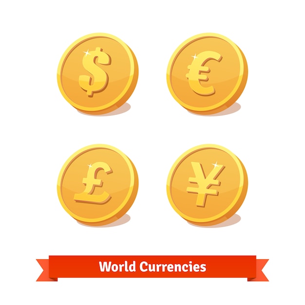 Main currencies symbols represented as gold coins