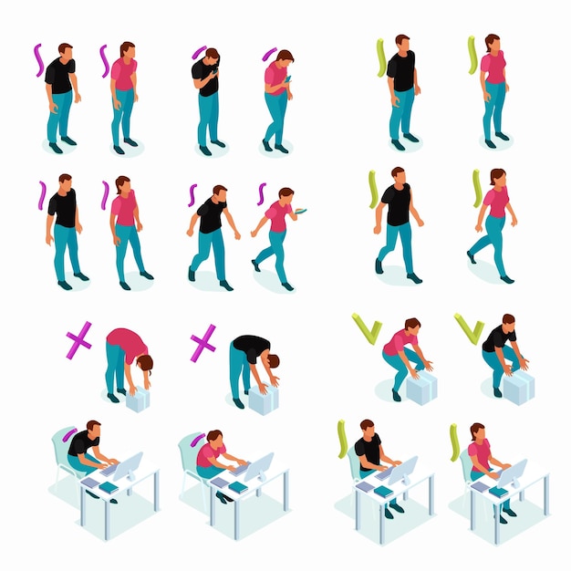 Free vector maintaining good healthy correct alignment of body parts vs bad poor posture examples isometric set vector illustration