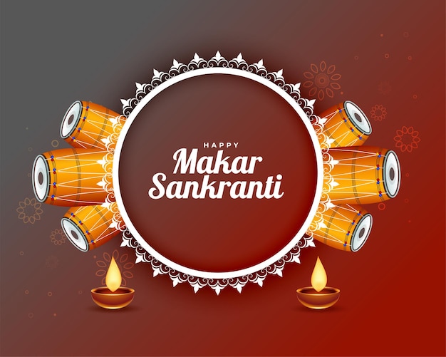 Free vector makar sankranti background with drums and diya lamp