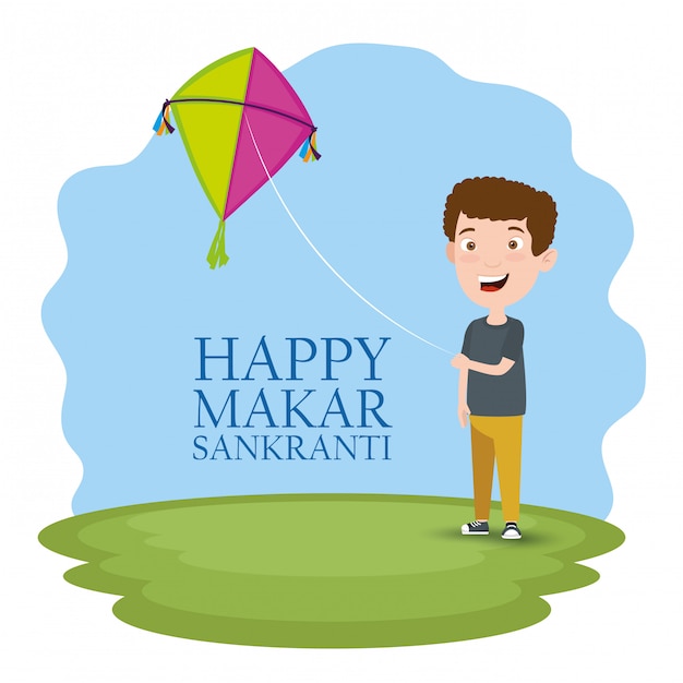 Free vector makar sankranti greeting with boy flying a kite