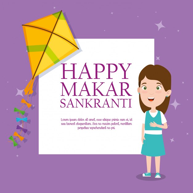 소녀와 연으로 인사하는 Makar Sankranti