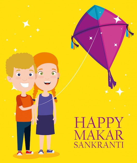 Makar sankranti greeting with kids flying kites