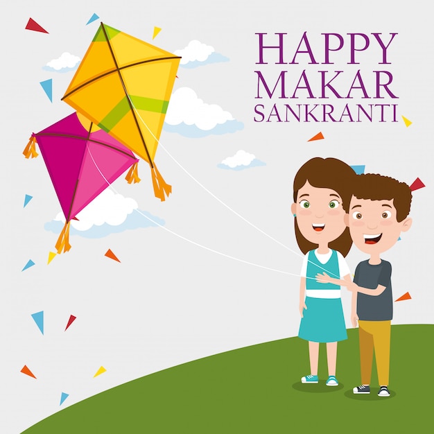 Makar sankranti greeting with kids flying kites