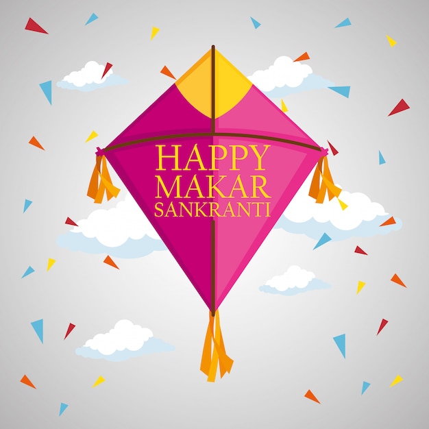 Makar sankranti greeting with kite and confetti