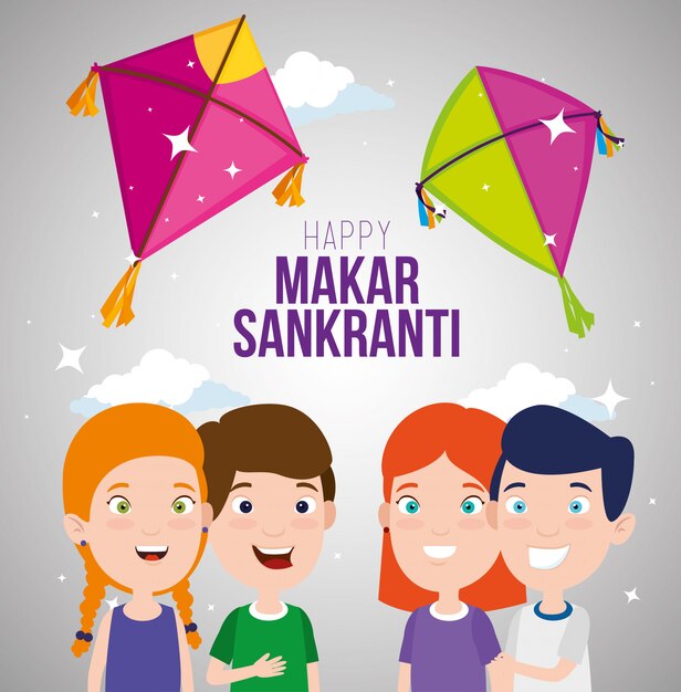 Makar sankranti greeting with kites and children