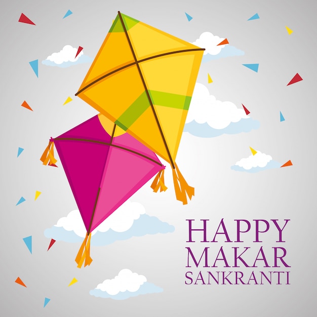 Free vector makar sankranti greeting with kites and confetti
