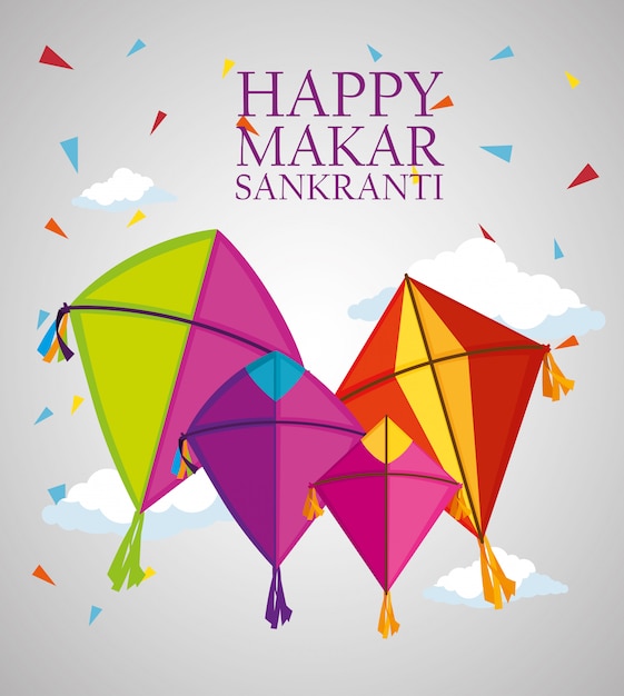 Free vector makar sankranti greeting with kites and confetti