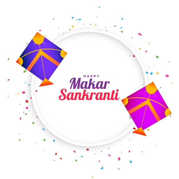 Makar sankranti white greeting with kites and confetti