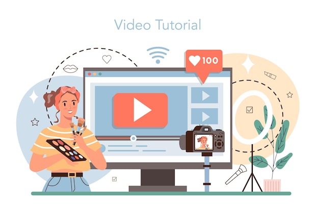 メイクアップアーティストのオンラインサービスまたはプラットフォーム顔に化粧品を適用する美容手順を行うプロのアーティストビデオチュートリアルフラットベクトルイラスト