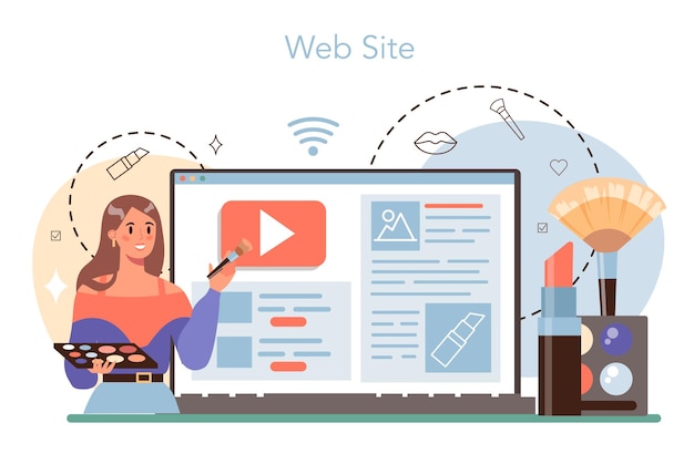 メイクアップアーティストのオンラインサービスまたはプラットフォーム顔に化粧品を適用する美容手順を行うプロのアーティストウェブサイトフラットベクトルイラスト
