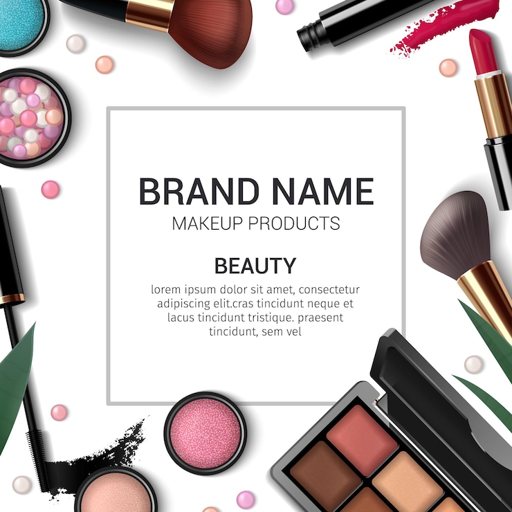 Free Vector makeup products advertising composition with lipstick eyeshadows blusher mascara brushes on white background realistic vector illustration