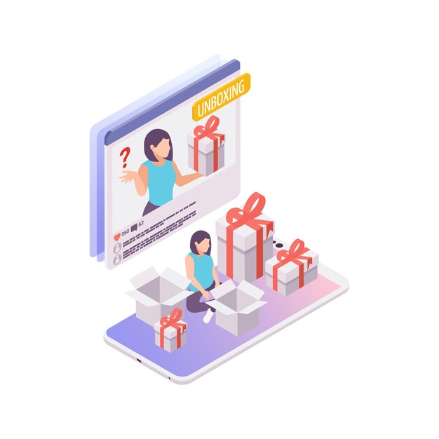 Making video for unboxing blog isometric concept 3d illustration