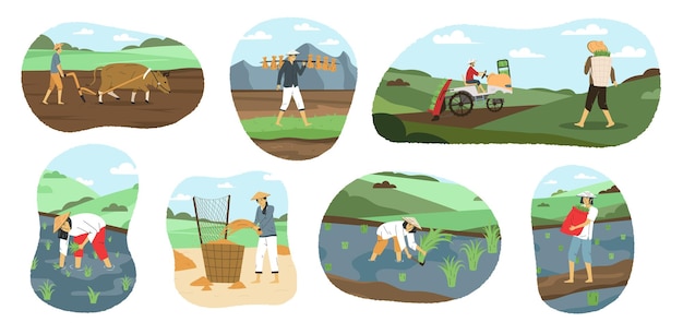 무료 벡터 남성과 여성의 아시아 농부들은 평평한 구성을 갈고 수확하며 격리된 벡터 삽화를 설정합니다.