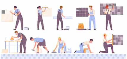 Бесплатное векторное изображение Работники мужского и женского пола, выполняющие работы по укладке керамической плитки, плоский набор изолированных векторных иллюстраций