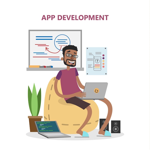 Free vector male app developer smiling african man wiith laptop developing applications