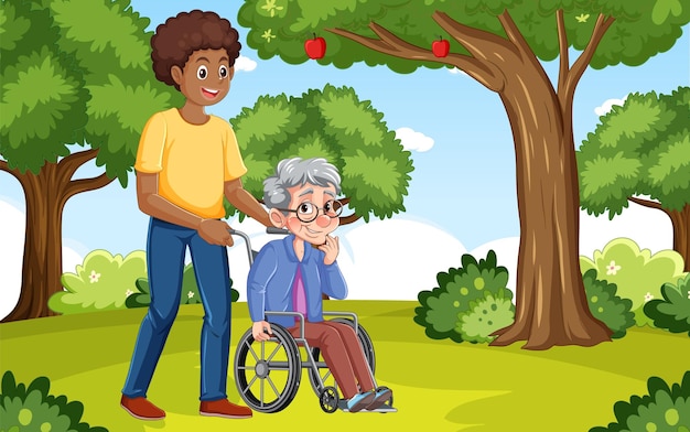 Free vector male caregiver with grandmother on a wheelchair at the park