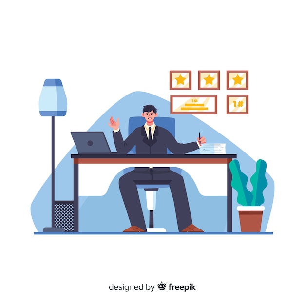 Male cartoon worker sitting at desk