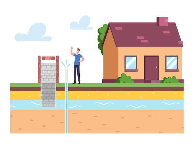 Персонаж мужского пола во дворе дома держит пробирку с пробой воды для тестирования грунтовых вод или артезианской воды для бурения скважин
