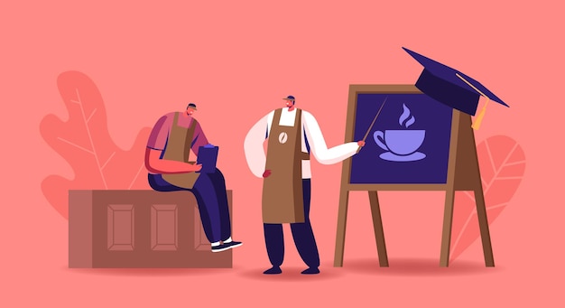 Бесплатное векторное изображение Исследование мужского персонажа, заваривающее кофе в школе бариста, иллюстрация