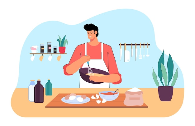 小麦粉と卵を手に泡だて器で生地に混ぜる男性シェフ。エプロンの幸せな男は、ホームキッチンフラットベクトルイラストのテーブルで自家製甘いデザートを準備しています。ペストリー、料理レシピのコンセプト